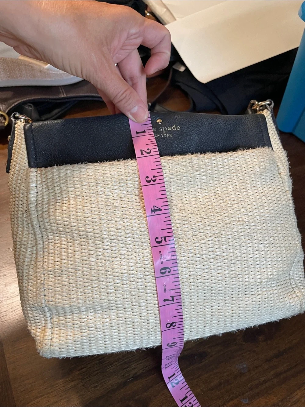 Kate Spade Cream Woven Srtaw bag with Top-Handle Bag with Black Trim